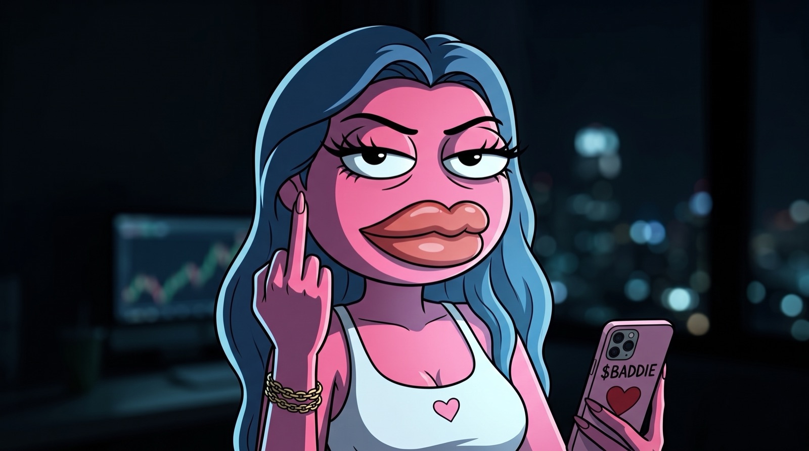 Baddie flashing a middle finger with a flawless manicure, $BADDIE phone in her other hand, city lights behind her.