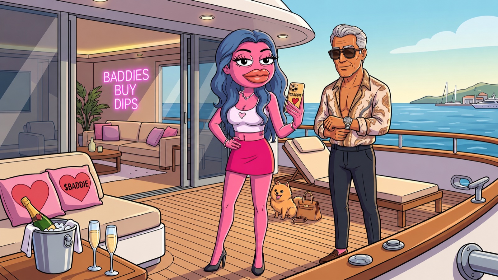 Baddie taking a selfie on a yacht deck beside an older, wealthy crypto-whale type checking his watch, with Baddie unmistakably in control of the shot.