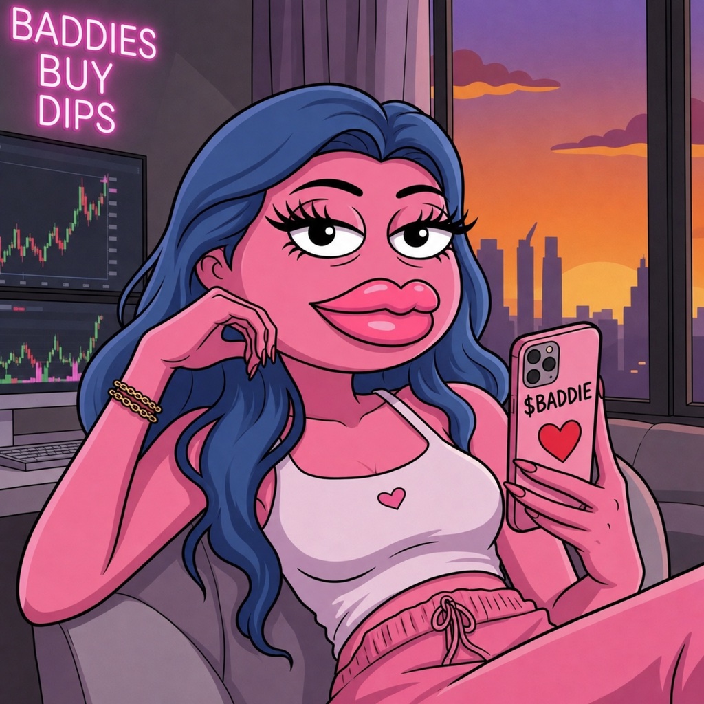 Baddie lounging with her $BADDIE phone at golden hour, trading charts glowing behind her under a neon sign that reads BADDIES BUY DIPS.