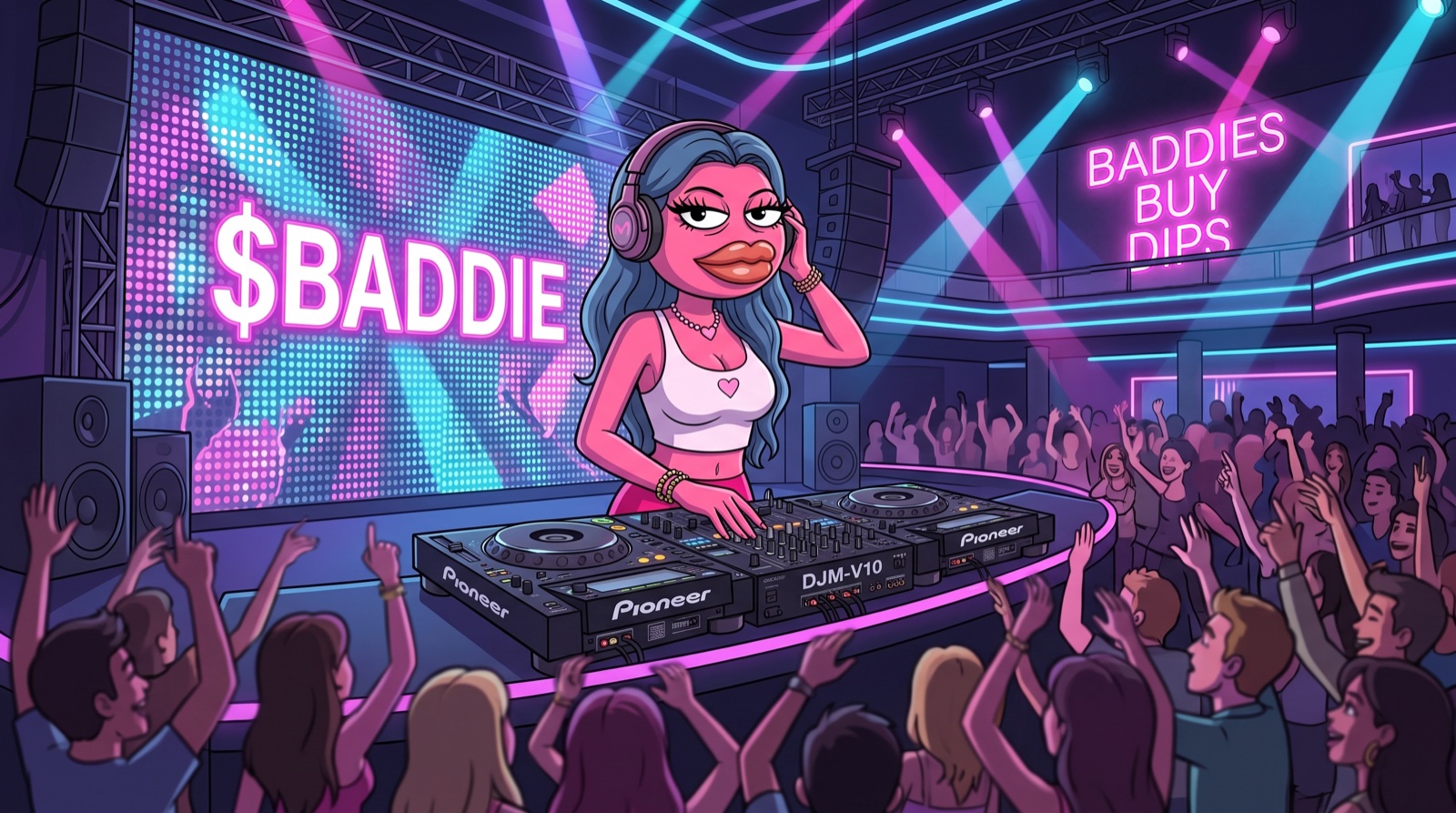 Baddie in headphones behind the DJ decks of a packed club, a giant $BADDIE screen and BADDIES BUY DIPS neon lighting the room.