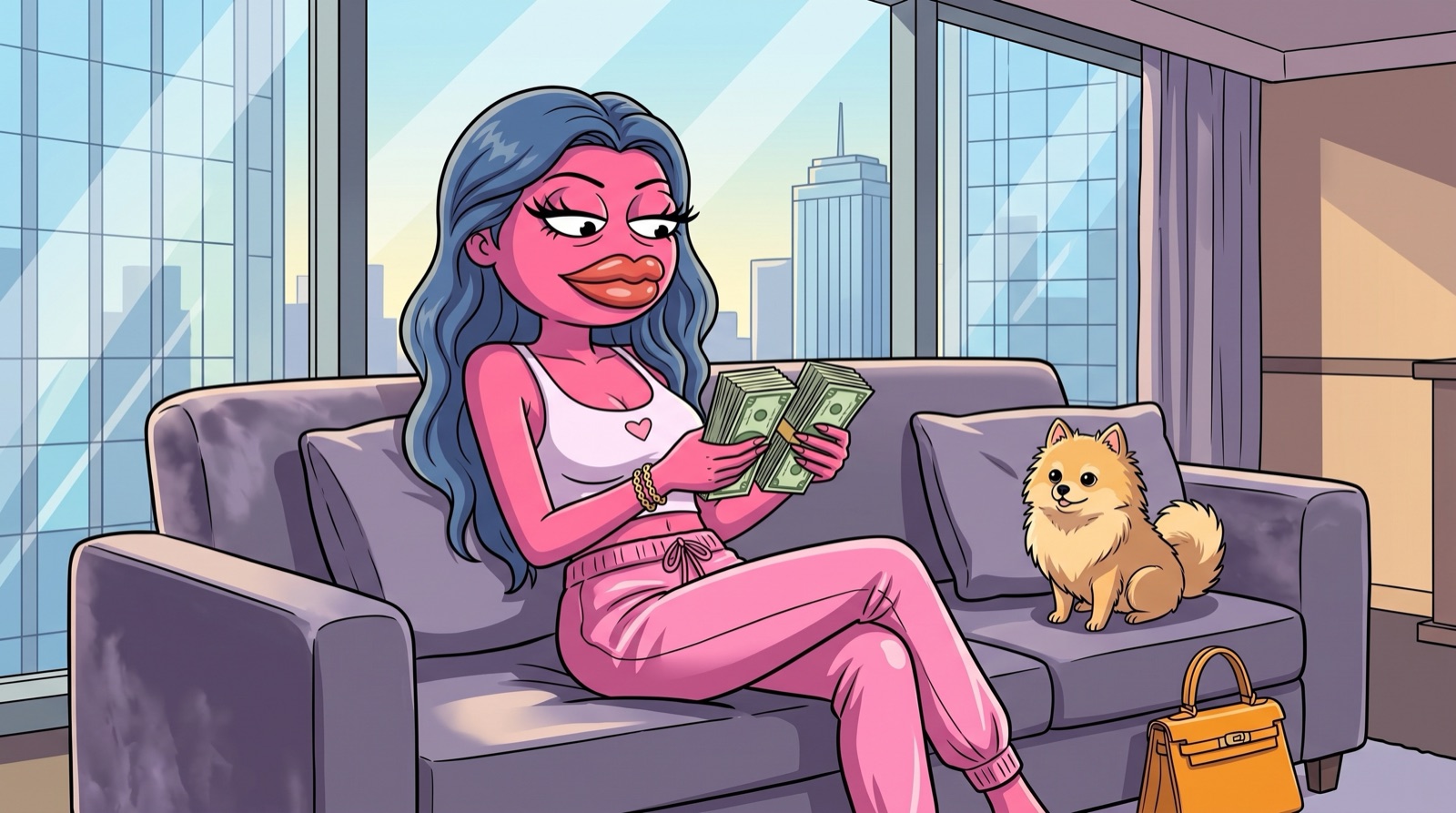 Baddie counting stacks of cash on a velvet couch in her penthouse, her Pomeranian beside her and a designer bag at her feet.