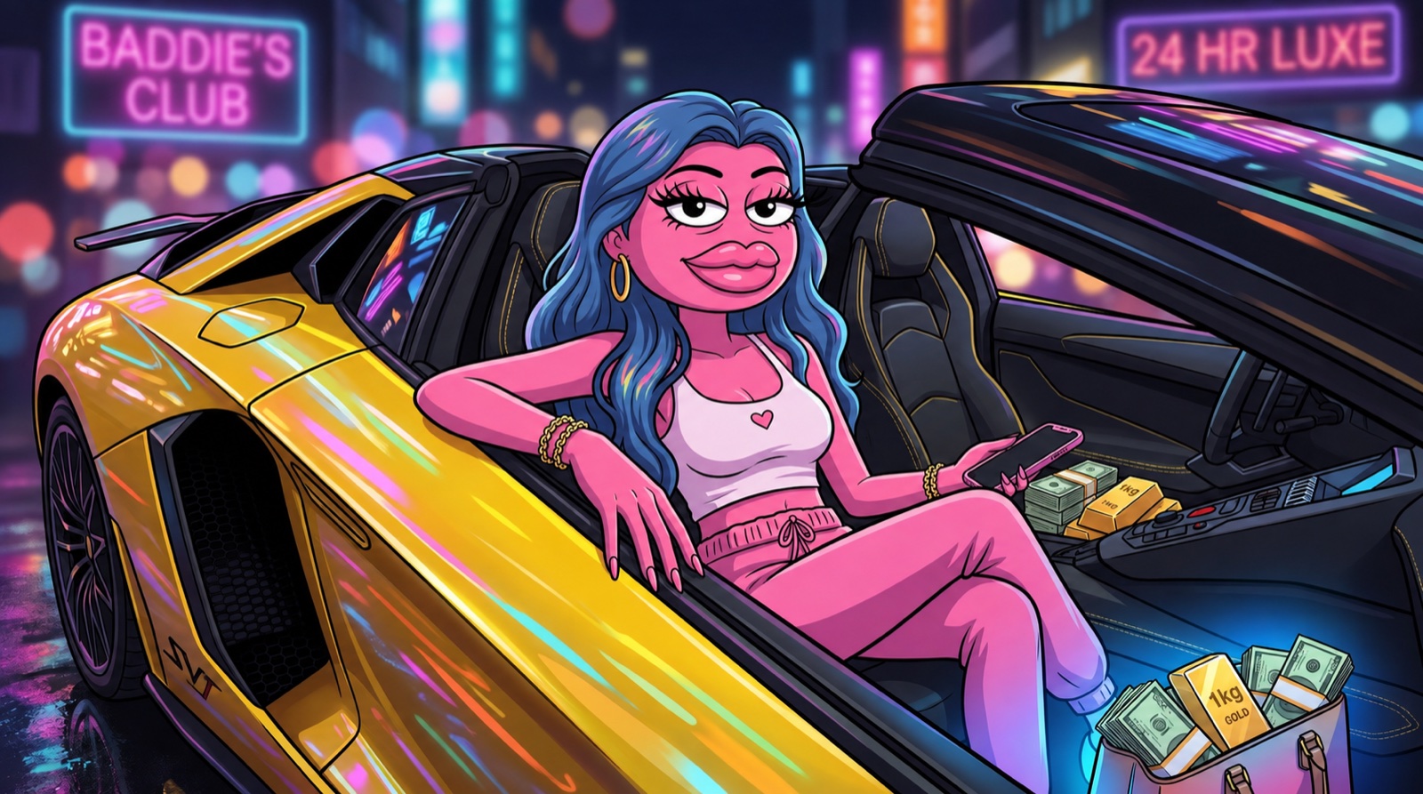 Baddie lounging in a yellow supercar at night, neon signs glowing, gold bars and cash stacked in the passenger footwell.