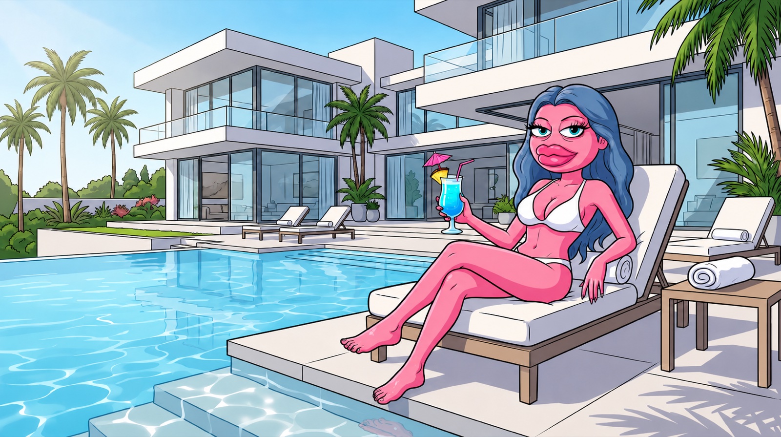 Baddie with a blue cocktail on a lounger beside the infinity pool of a modern white mansion lined with palms.