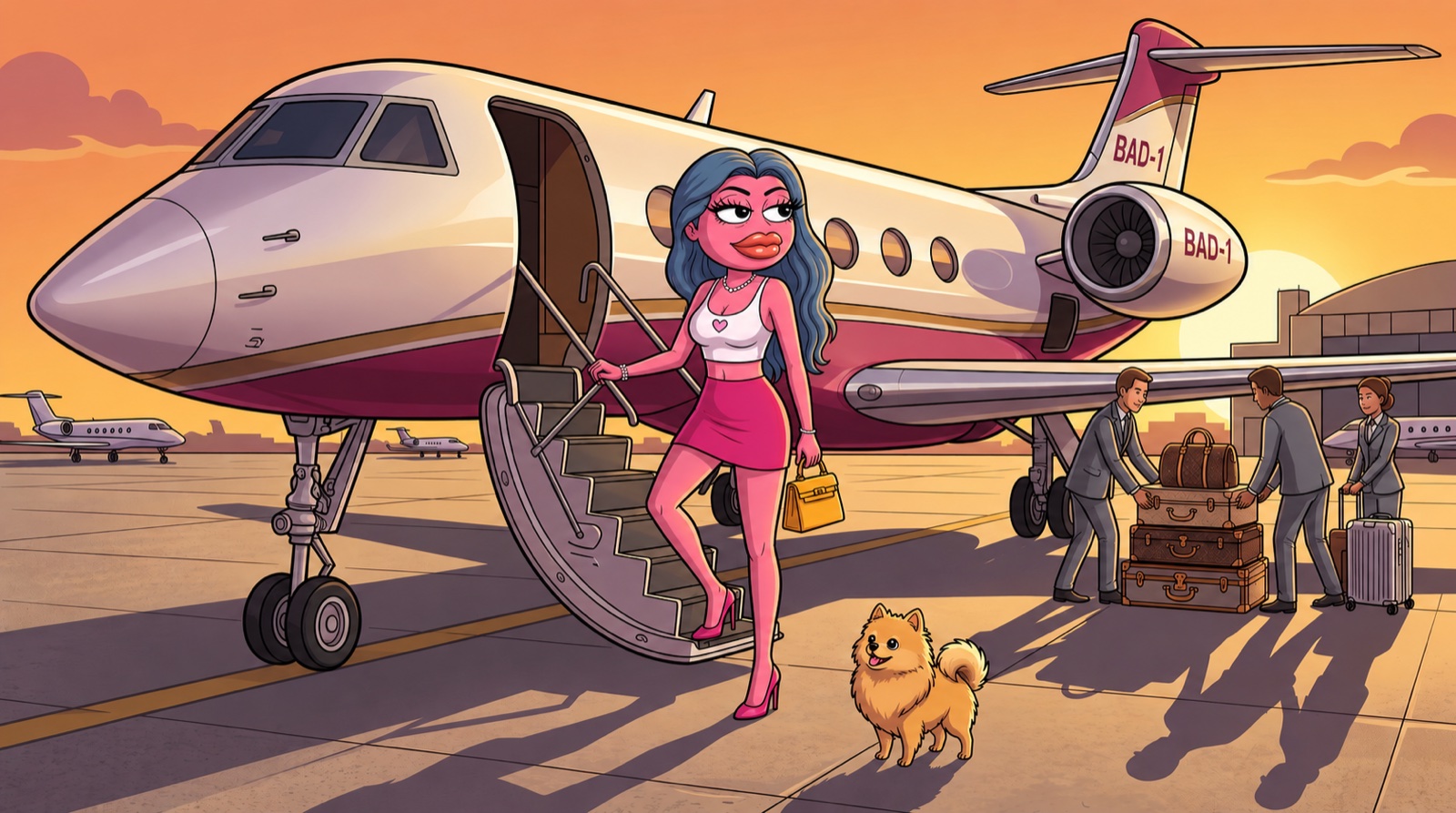 Baddie stepping off her pink-and-white private jet at sunset with her Pomeranian, staff handling a mountain of monogrammed luggage.
