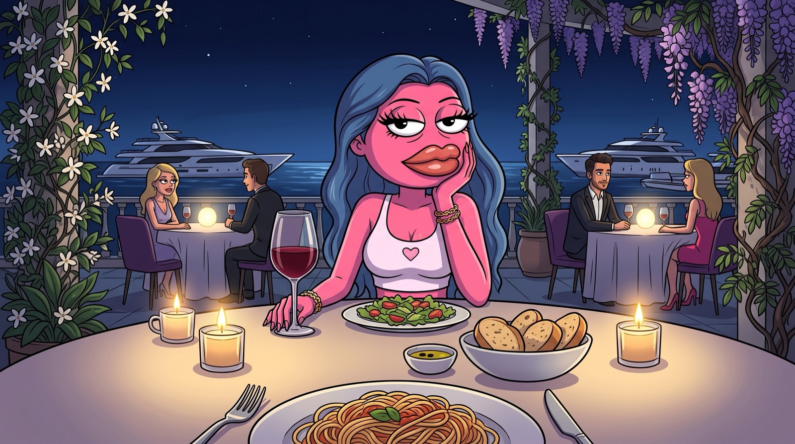 Baddie at a candlelit waterfront restaurant table with wine and pasta, superyachts moored in the night harbor behind her.