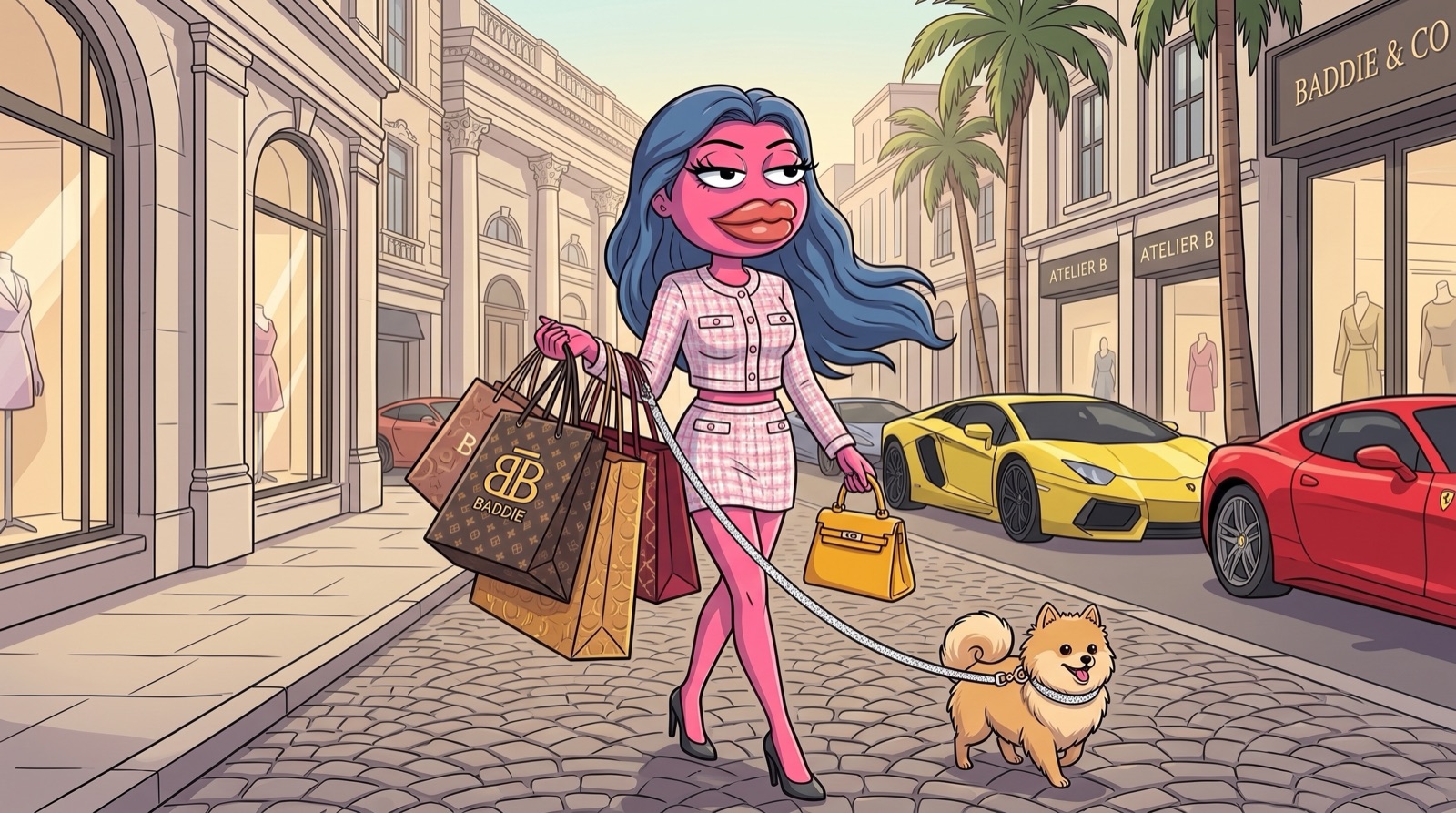 Baddie in a tweed set strolling a luxury shopping street with an armful of designer bags, her Pomeranian on a leash, supercars parked along the curb.
