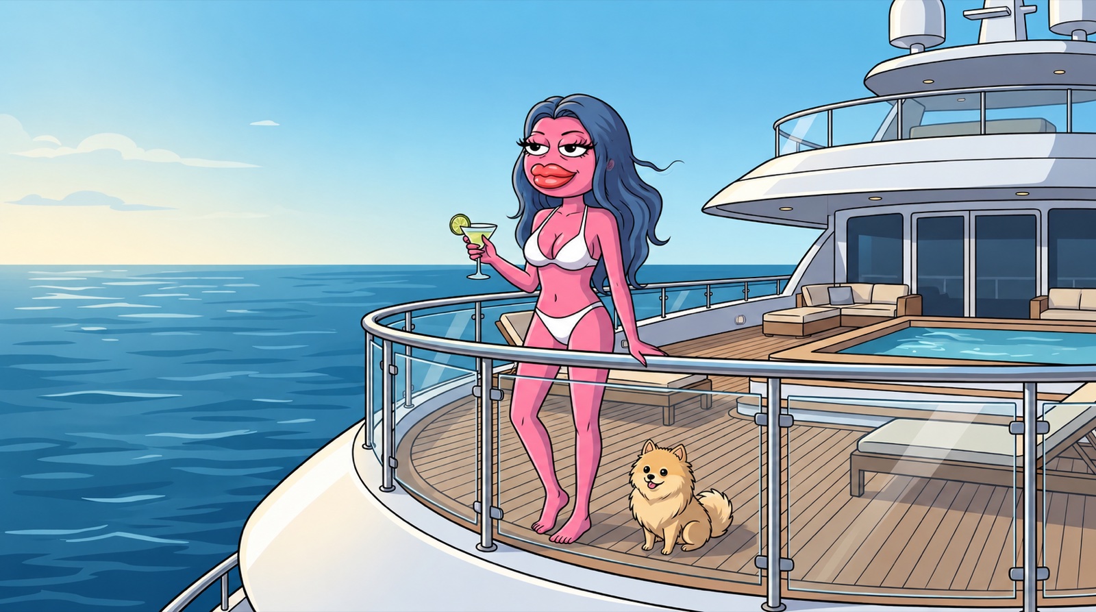 Baddie in a white bikini with a cocktail at the bow rail of a superyacht, her Pomeranian at her feet.