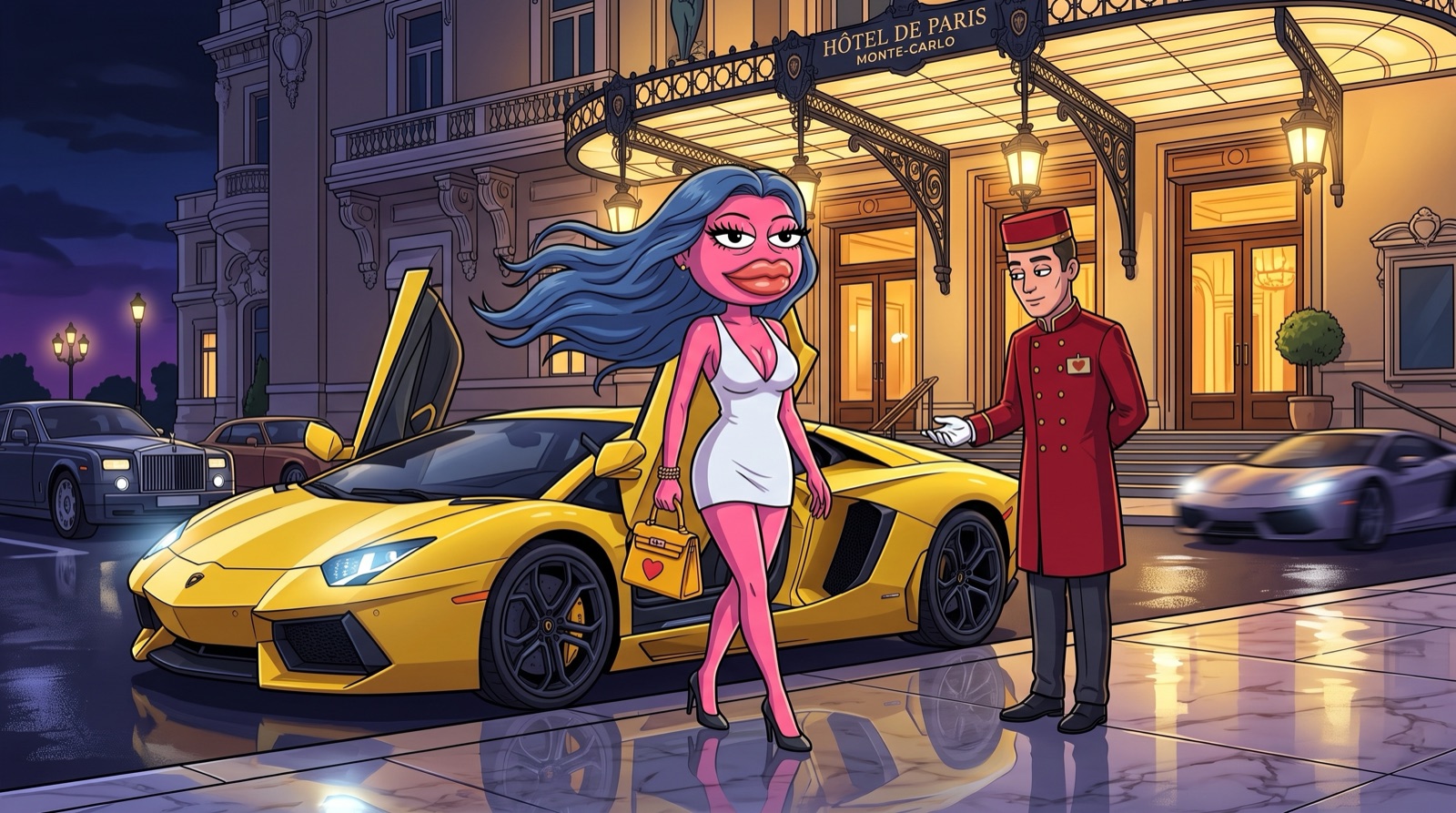 Baddie stepping out of a yellow supercar with its door up outside a grand Monte Carlo hotel at night while the valet welcomes her.