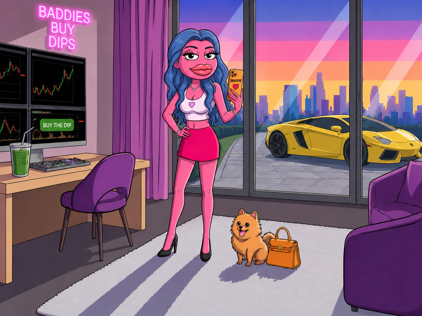 Baddie standing in her trading room, phone in hand, four monitors of charts glowing behind her, a yellow supercar parked outside the window.
